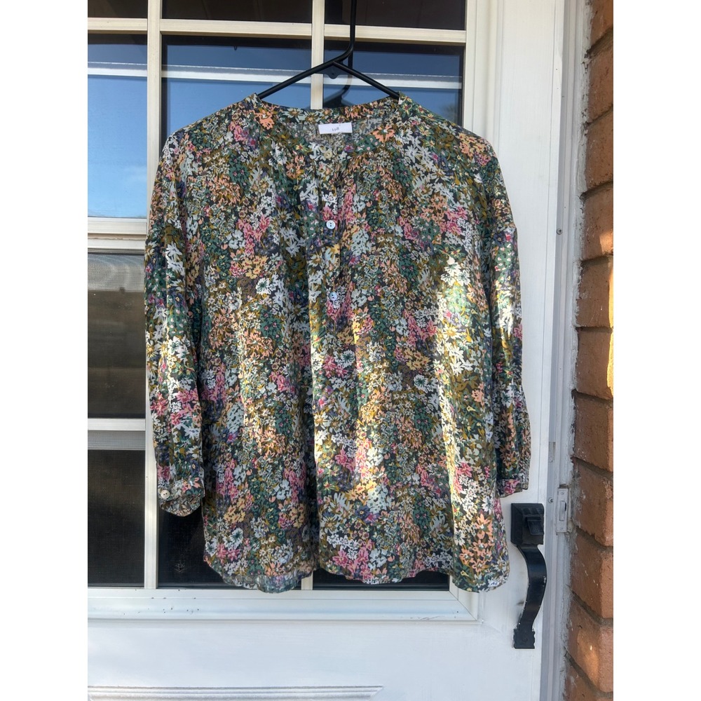 J. Jill Floral Rayon Blouse Multicolor Button Neck Top Popover Large Boho Spring